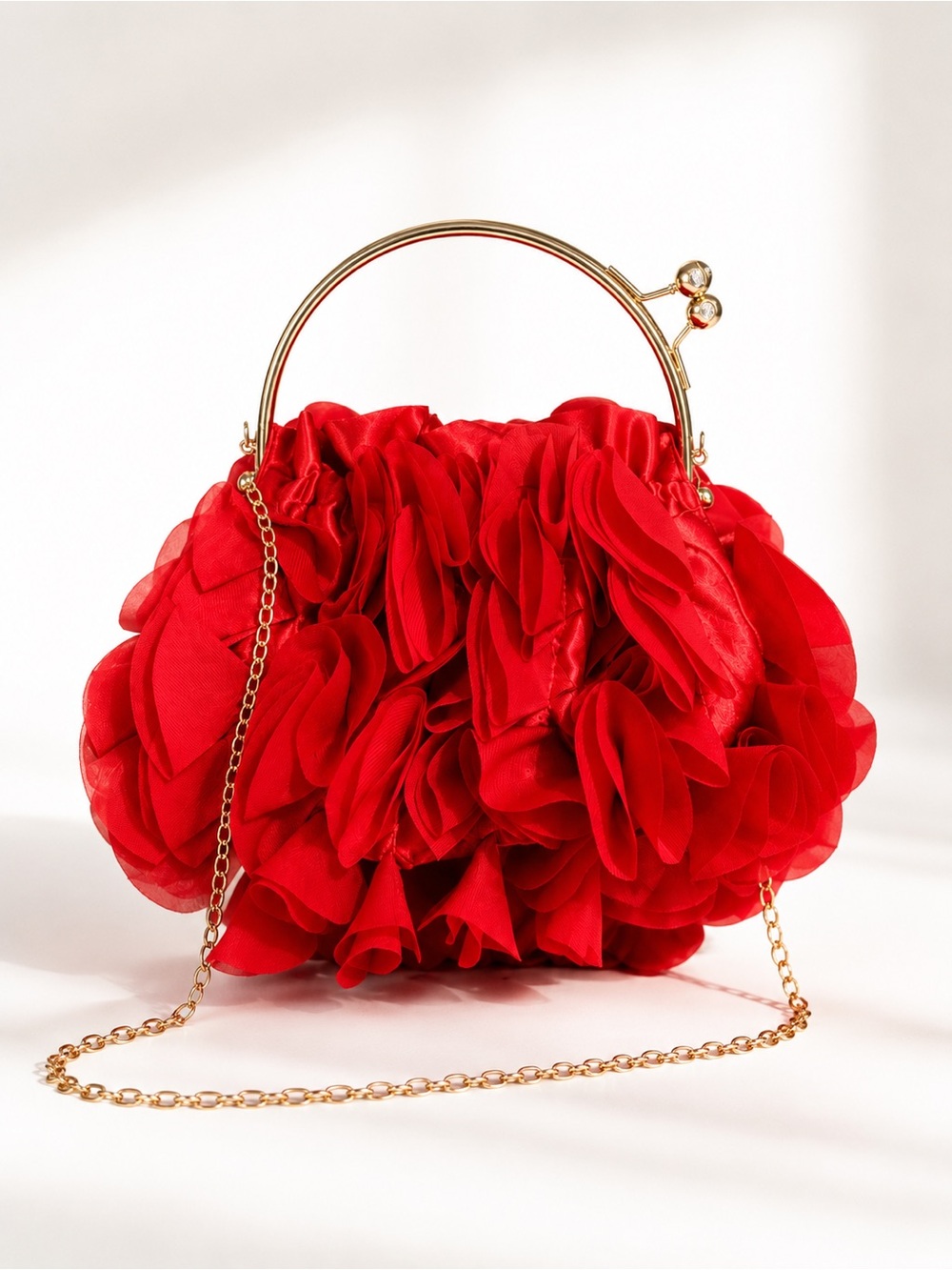 Red 3D Floral Ruffle Evening Bag Gold Frame Rhinestone Clutch Crossbody Purse